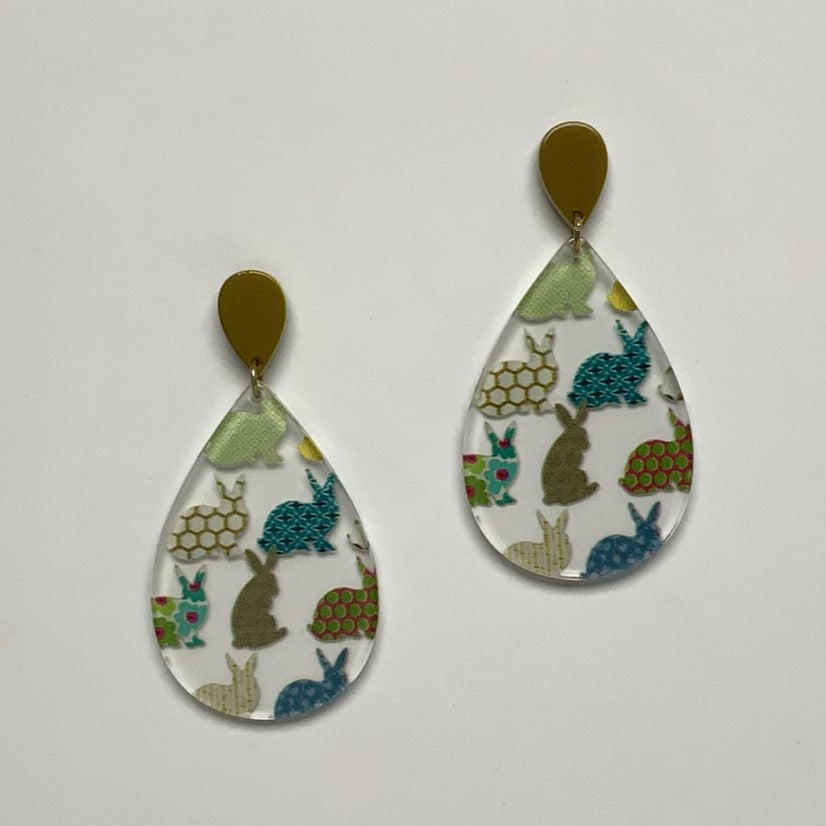Lucite Teardrop Easter Bunnies Print Earrings