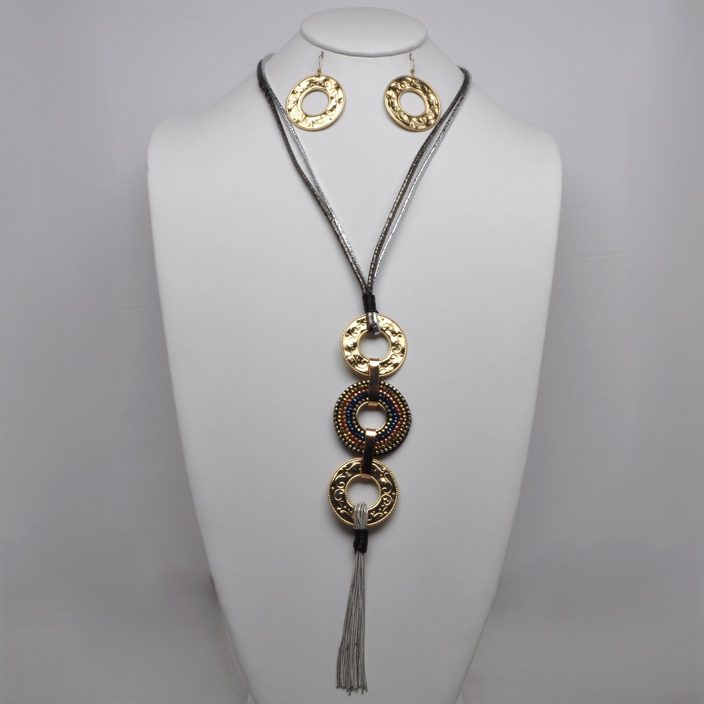 Long Metallic Cord Circles Drop Necklace Set