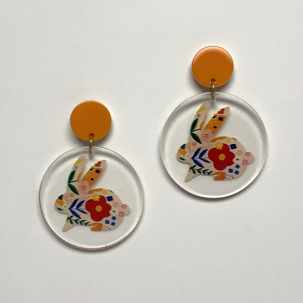 Lucite Circle Easter Bunny Print Earrings