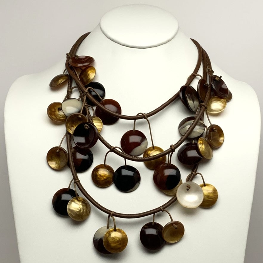Layered Faux Leather Cord w/ Circle Lucite Necklace