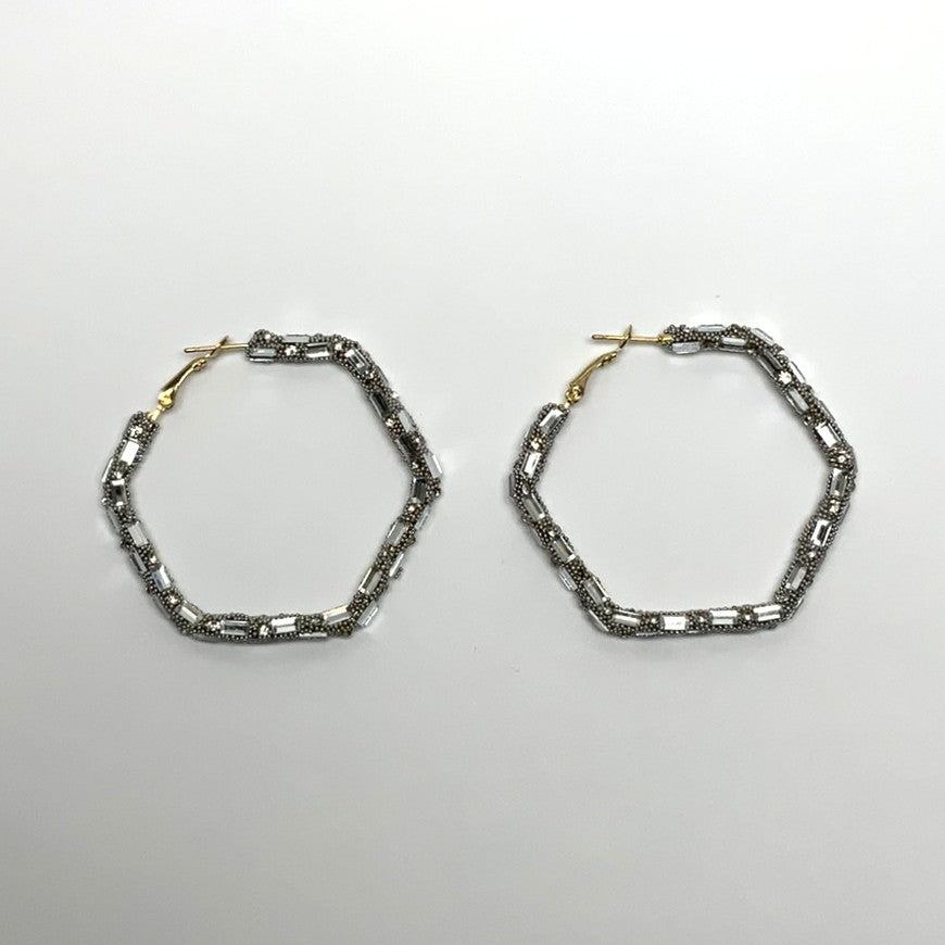 Beaded Crystal Hexagon Hoop Earrings