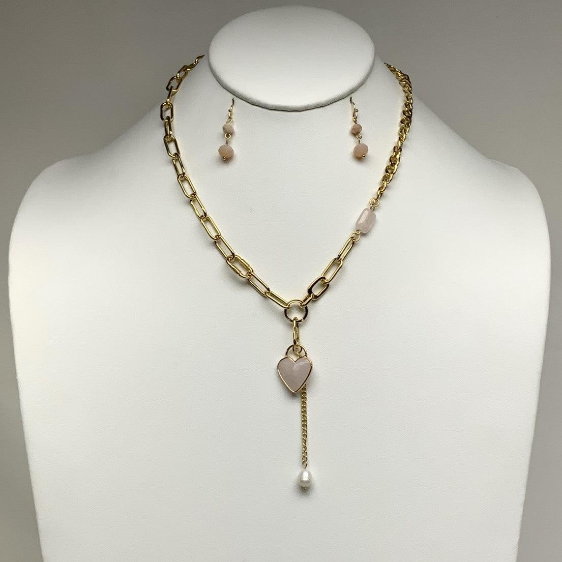 Chain Link Heart Pearl Charm Necklace Set