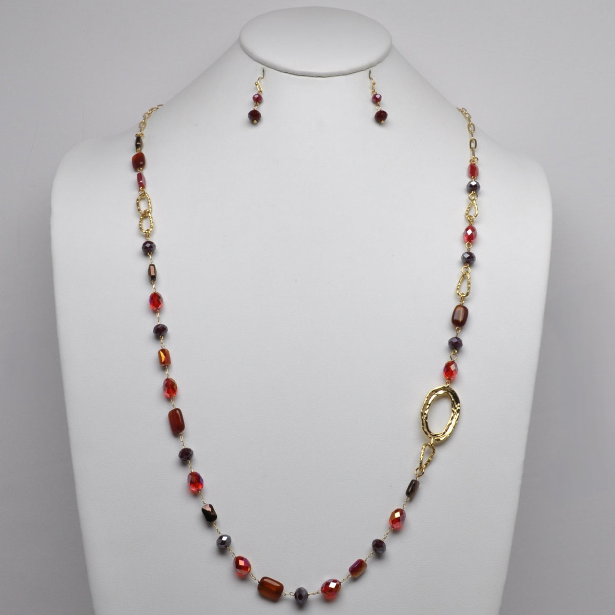 Long Crystal Textured Side Metal Oval Necklace Set