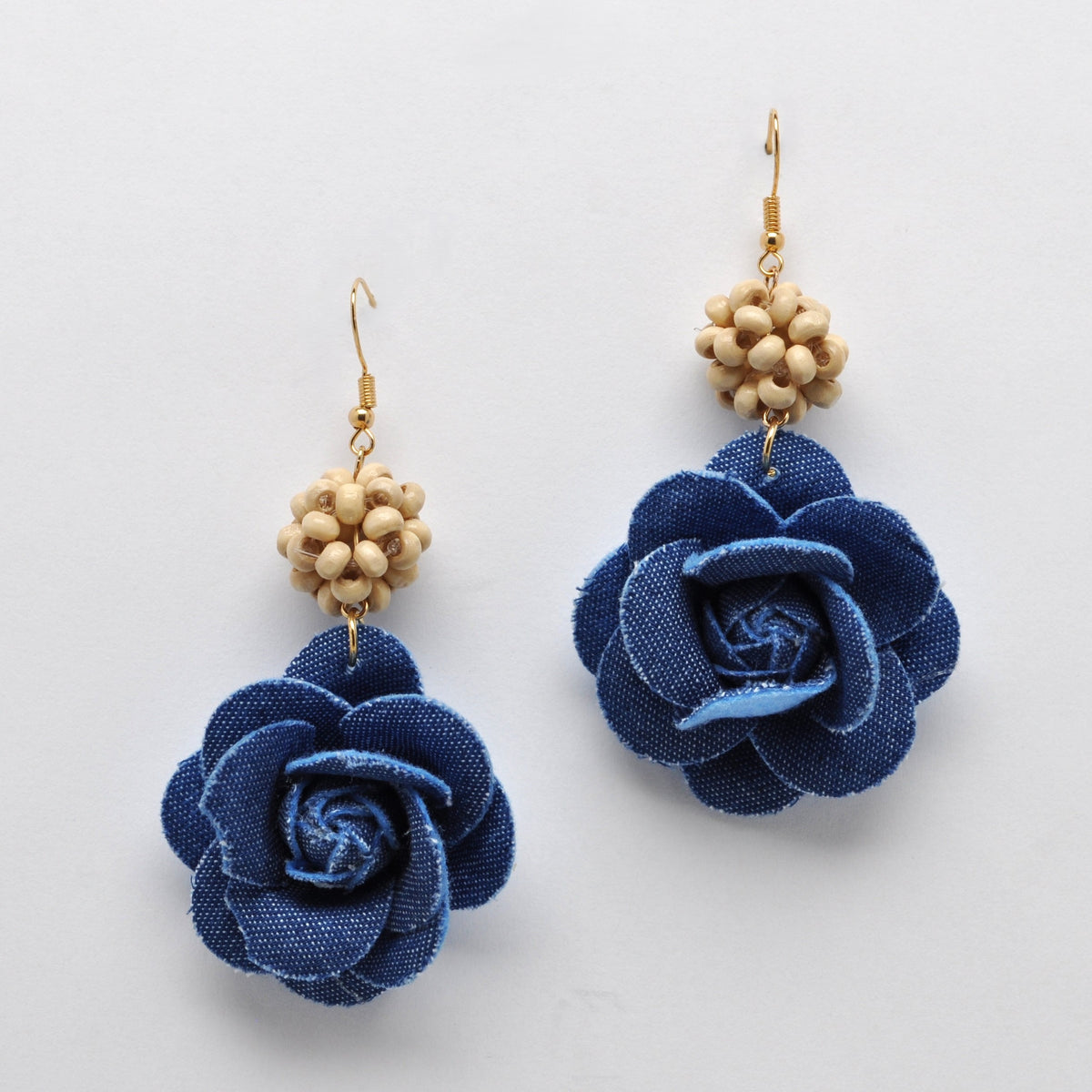 Beaded Denim Blossom Drop Earrings