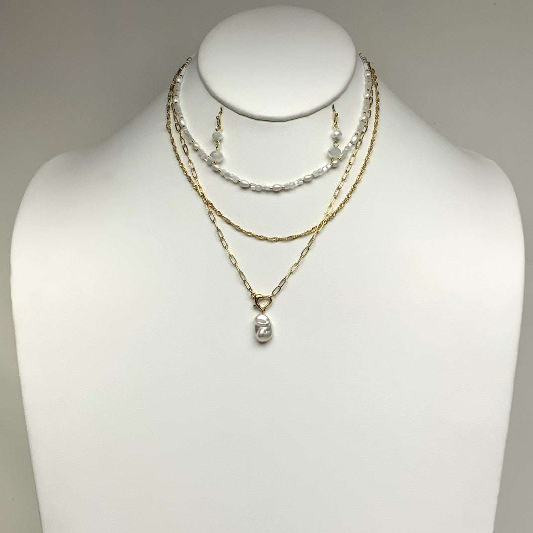 Layered Crystal Beaded Pearl Necklace Set