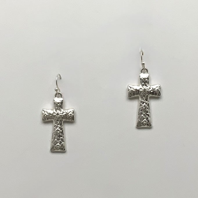 Textured Metal Crystal Cross Earrings