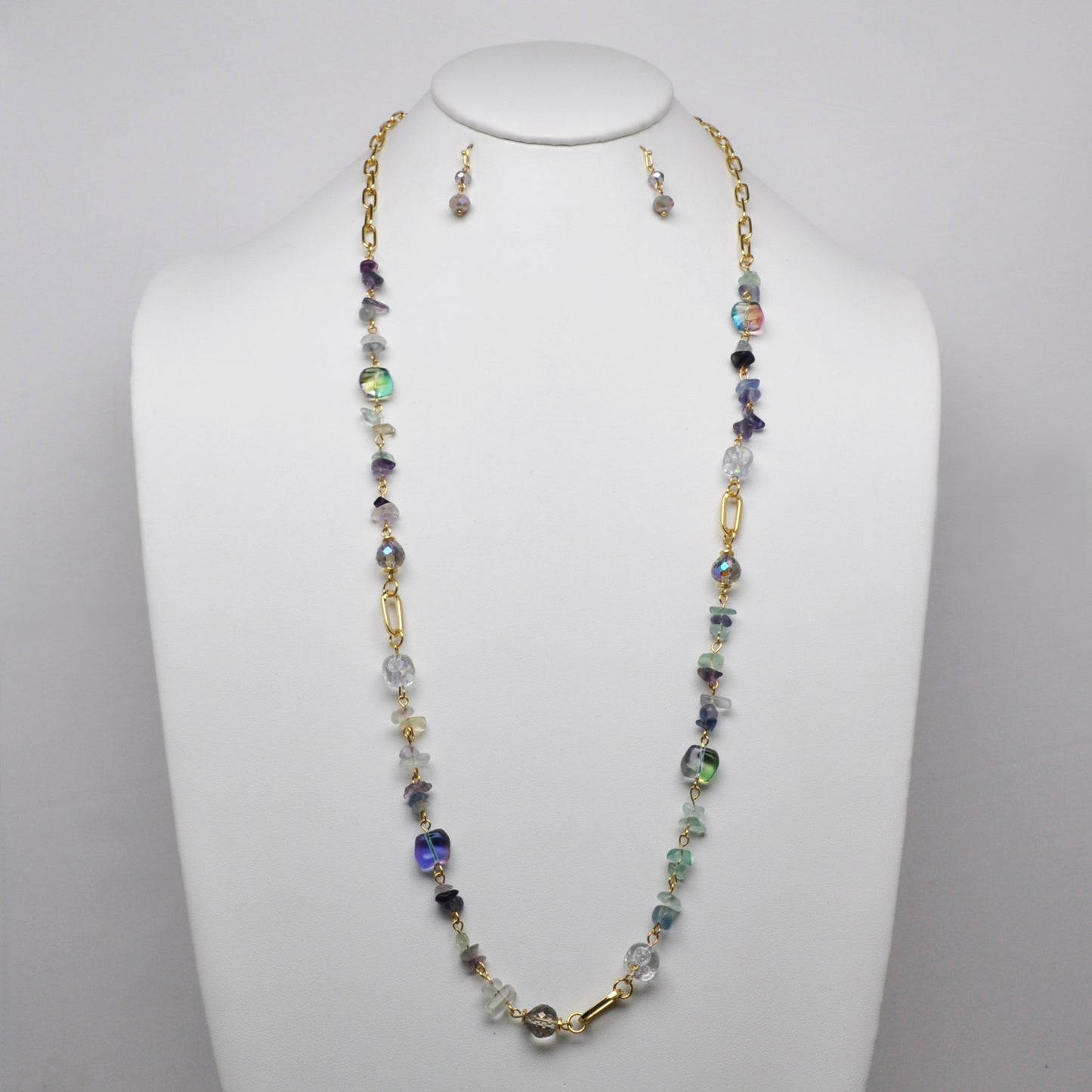 Long Mixed Cluster Gemstone Necklace Set