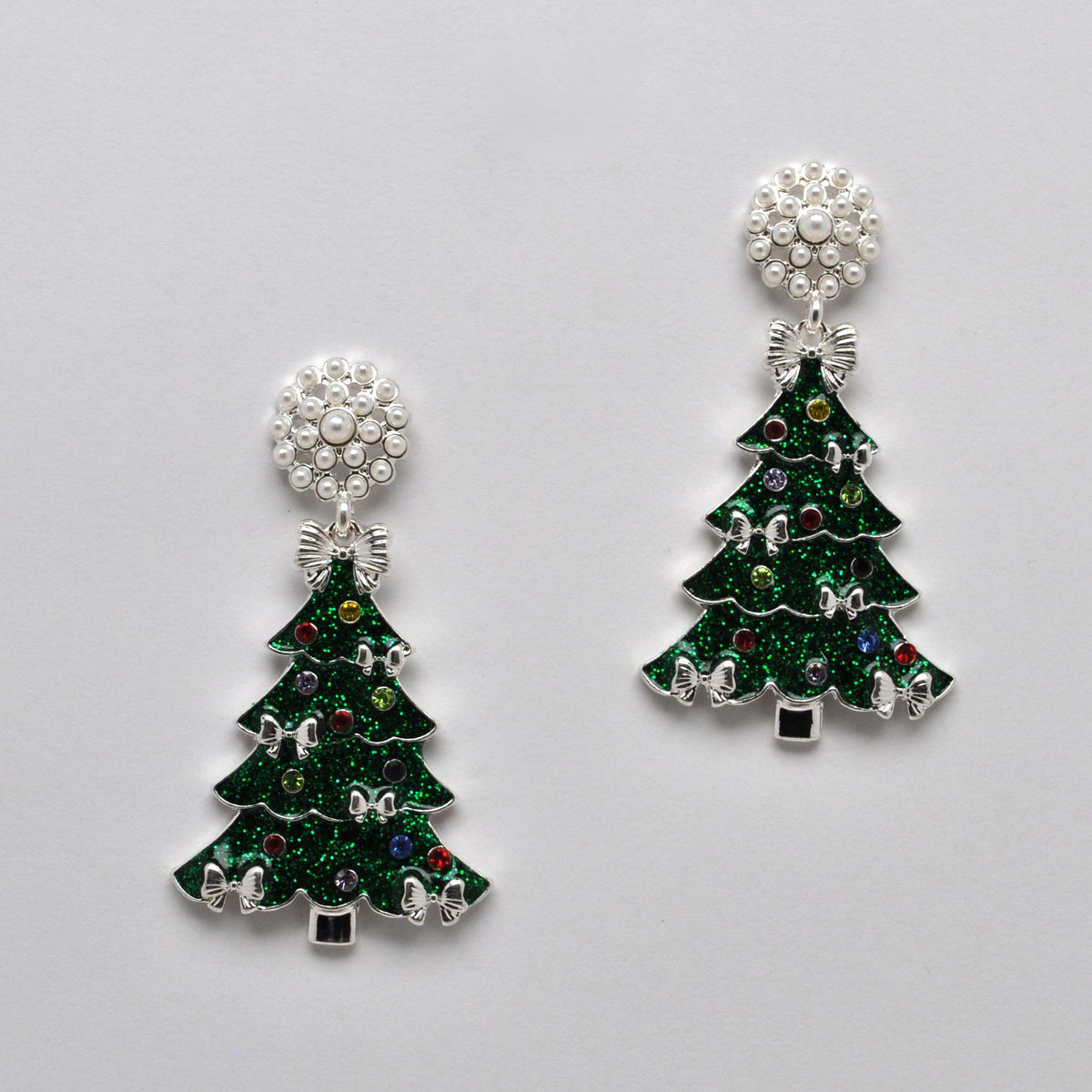 Pearl Cluster Glitter Holiday Tree Earrings
