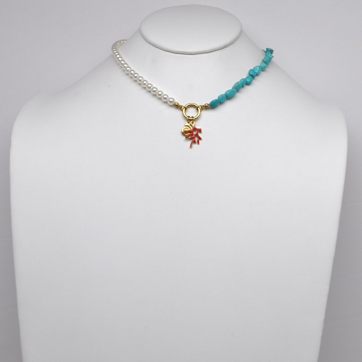 Stainless Steel Asymmetrical Pearl Turquoise Nugget Marine Charm Choker