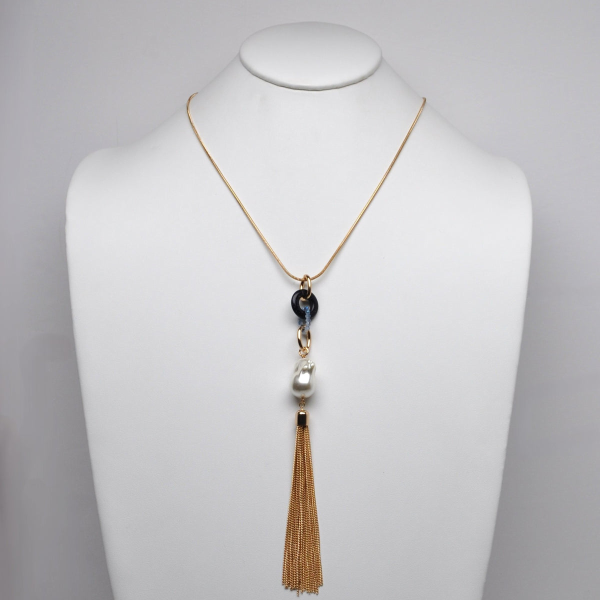 Lucite Ring Pearl Drop Tassel Long Necklace