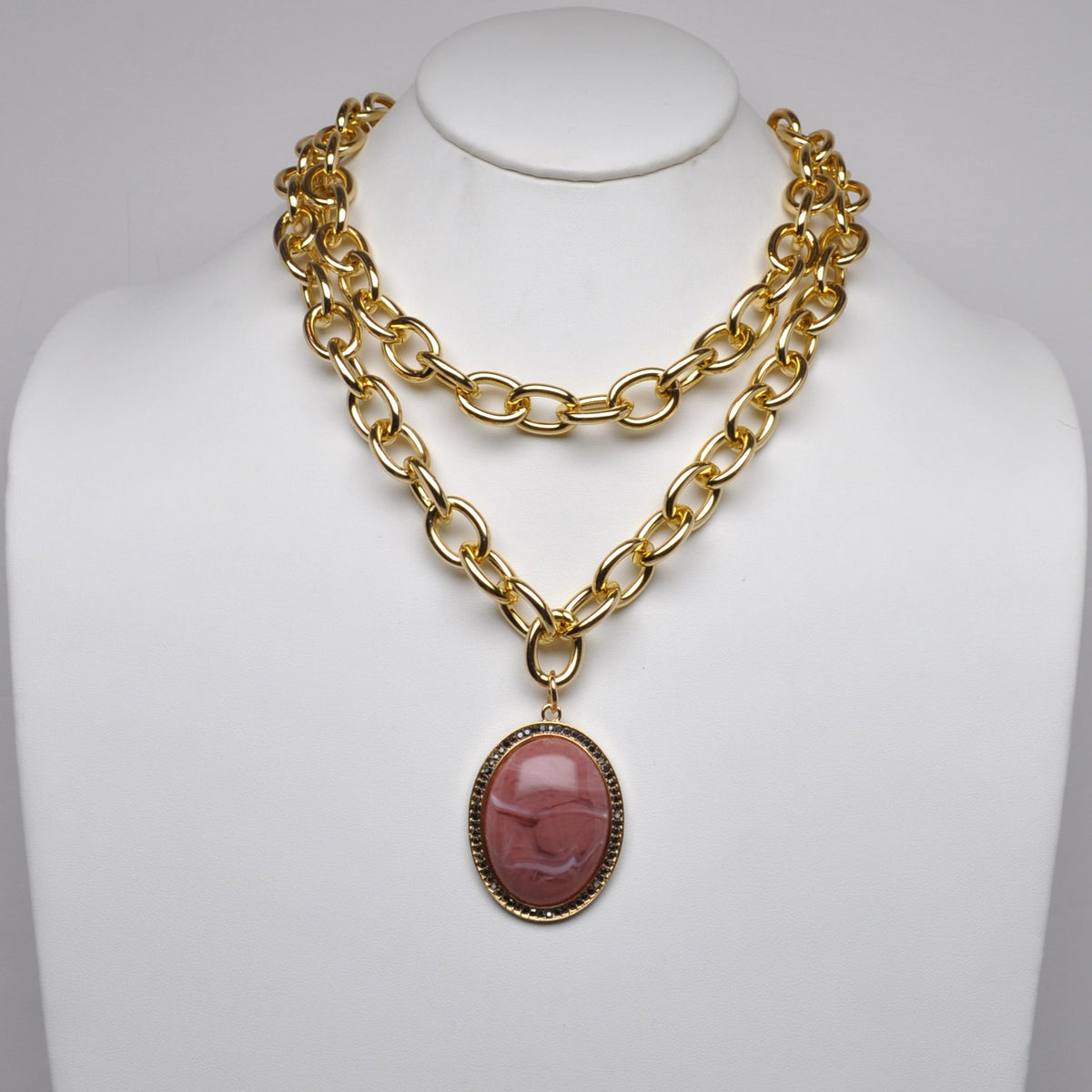 Layered Link Oval Pendant Necklace