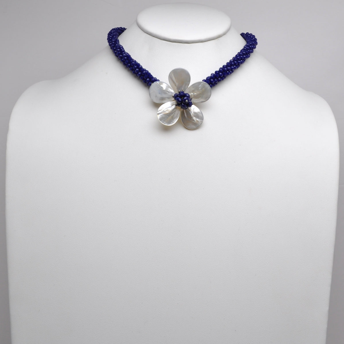 Mother-of-Pearl Flower Lapis Seed Bead Choker Necklace
