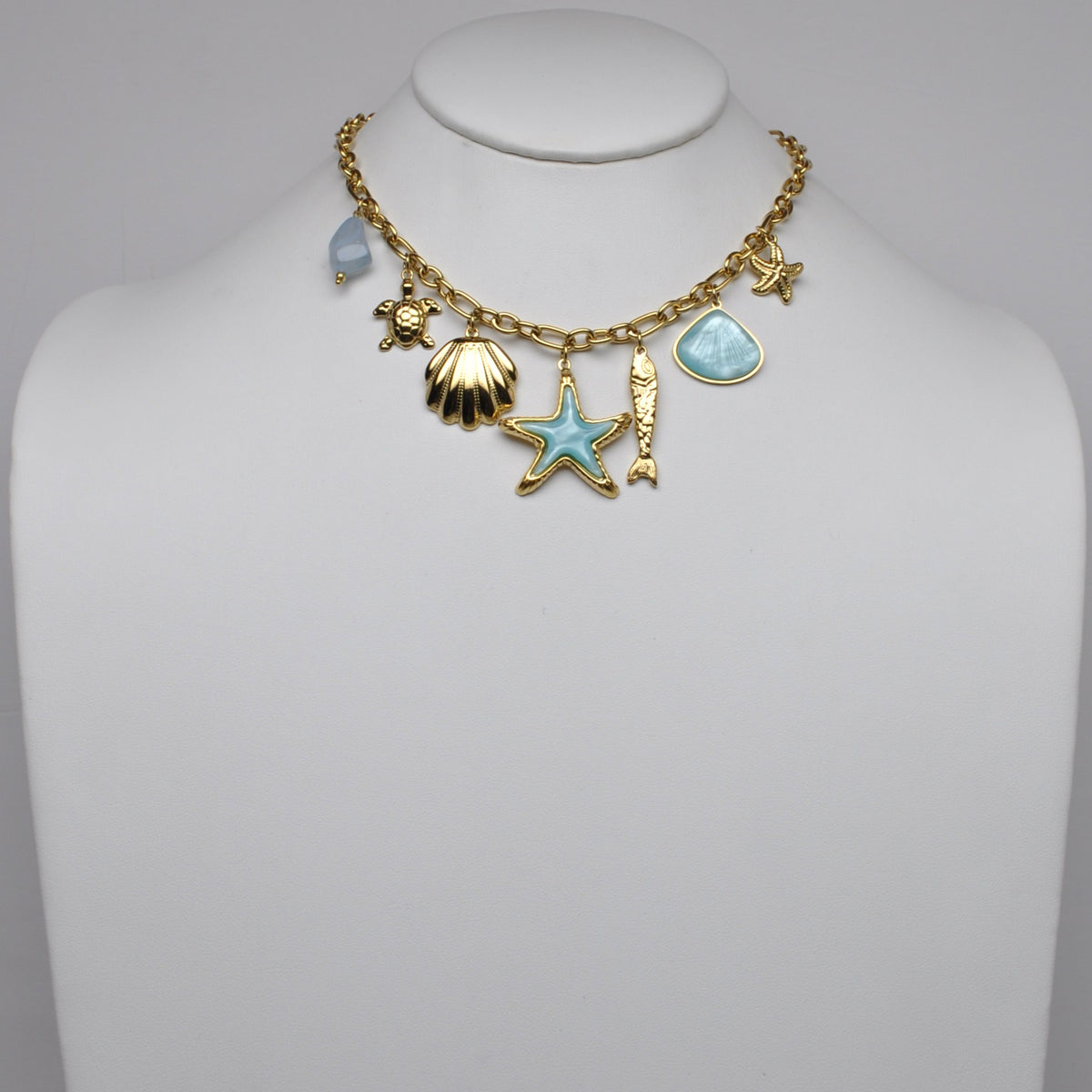 Stainless Steel Ocean Multi-Charm Link Chain Statement Necklace