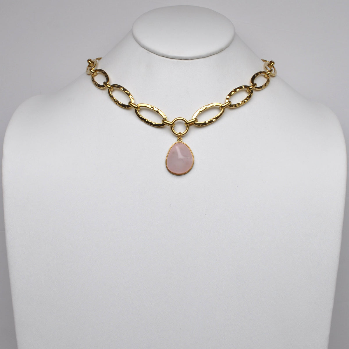 Stainless Steel Textured Oval Link Chain Drop Gemstone Choker Necklace