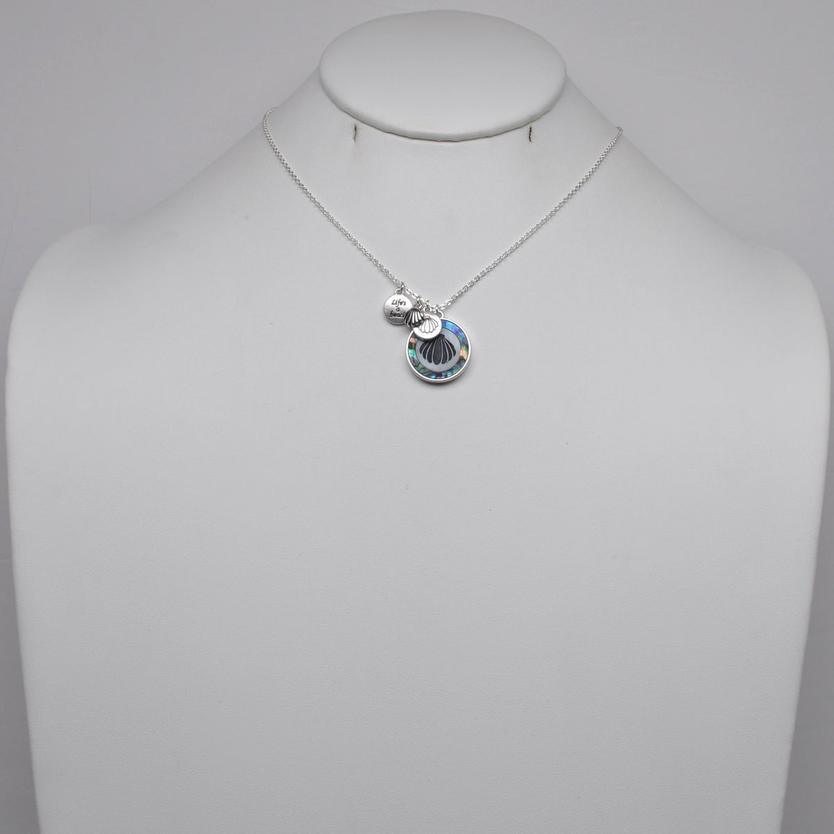 Seashell Inlay and Engraved Disc "Life's a beach" Multi-Charm Pendant Necklace