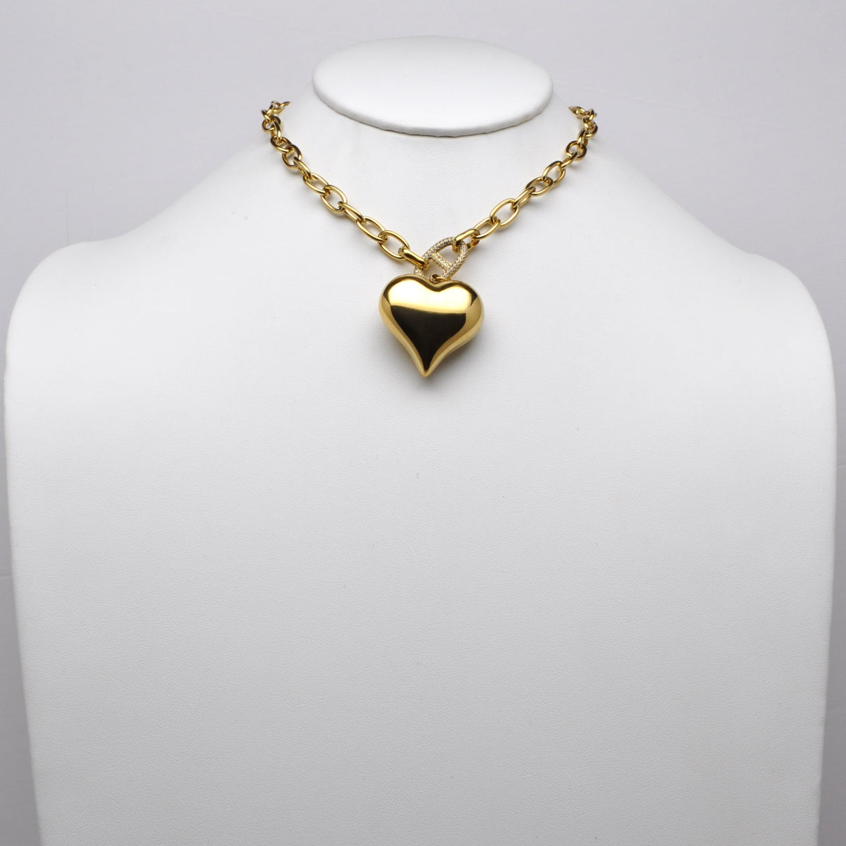 Stainless Steel Puffed Heart Pavé Bale Link Necklace