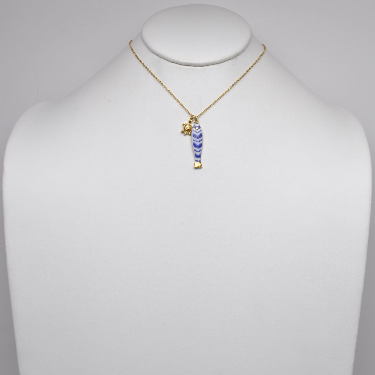 Stainless Steel Chevron Enamel Fish & Turtle Charm Necklace