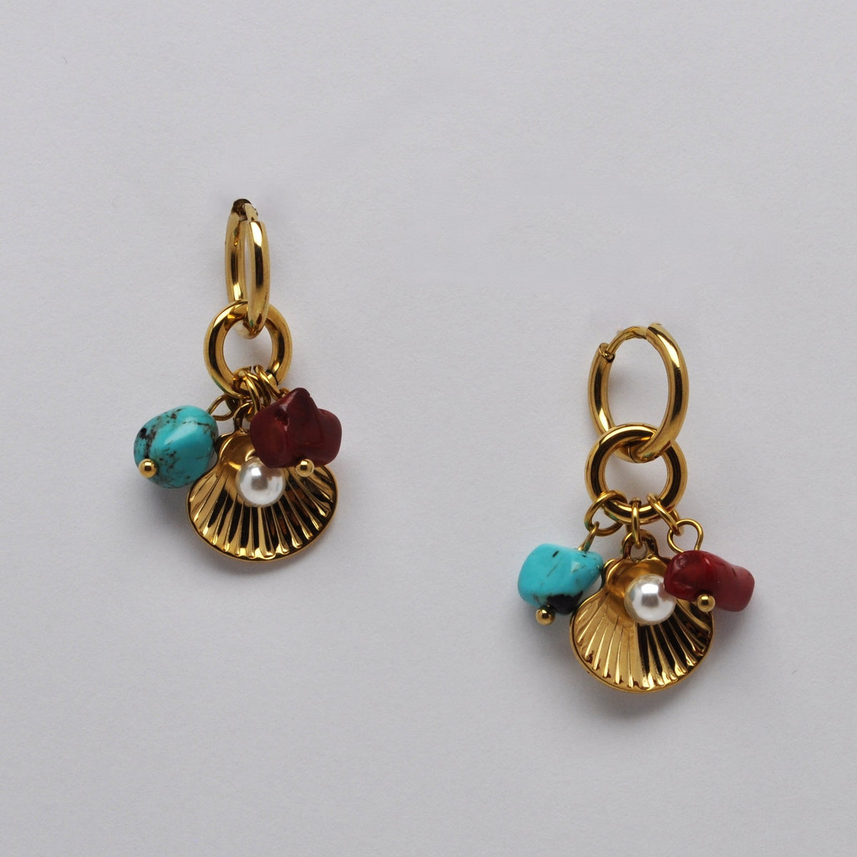 Stainless Steel Pearl, Stone, & Seashell Hoop Earrings