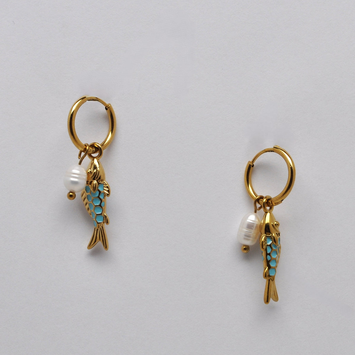 Stainless Steel Pearl and Fish Hoop Pendant Earrings