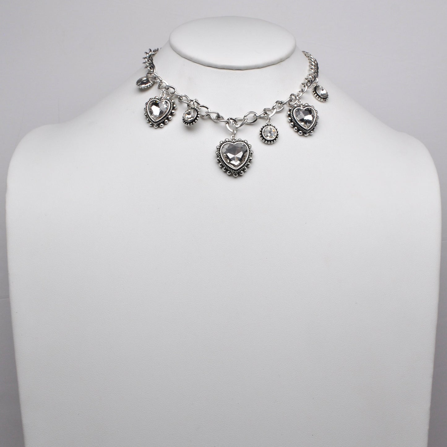 Crystal Heart Round Gemstone Charm Cable Chain Choker Necklace
