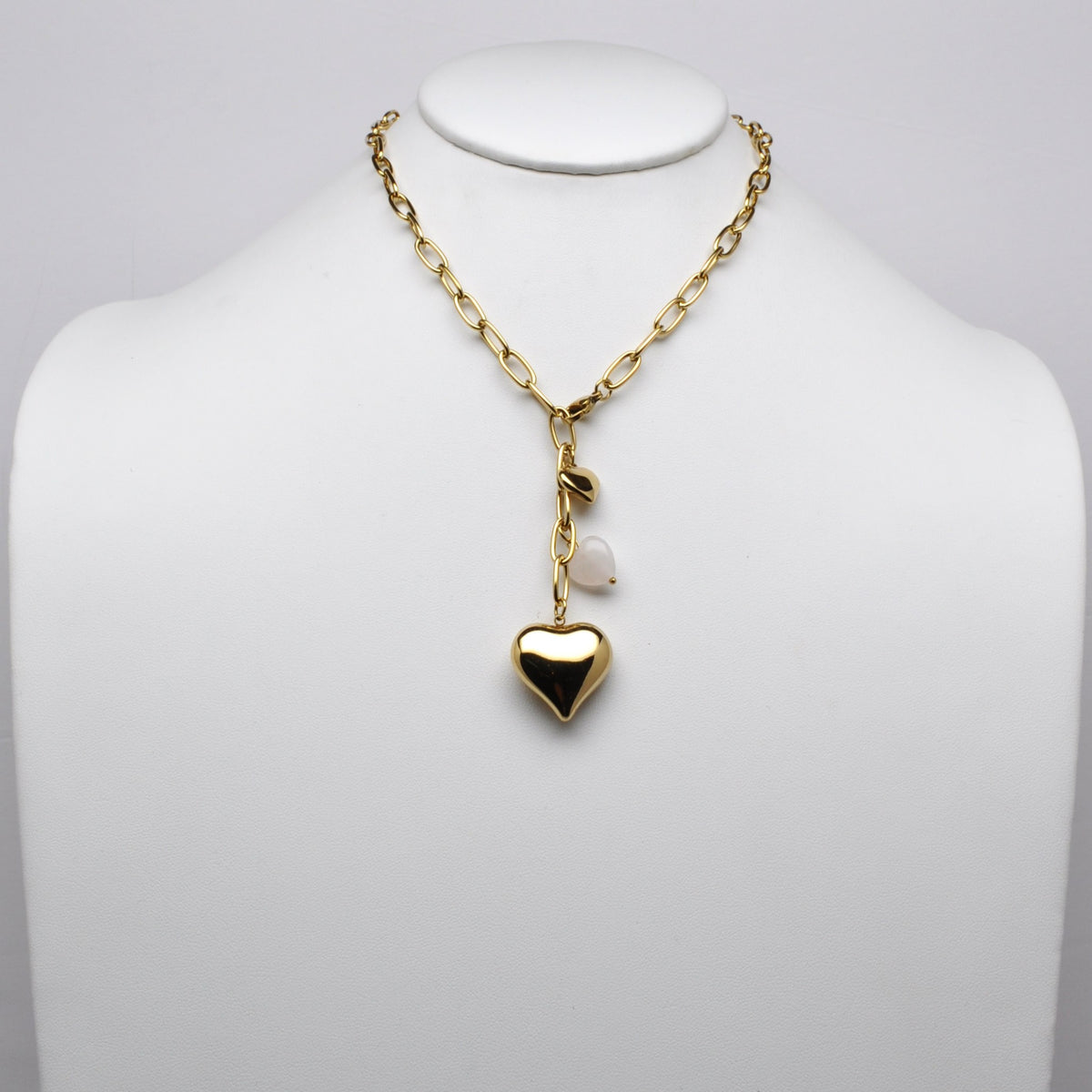 Stainless Steel Puffed Heart Charm Lariat Necklace