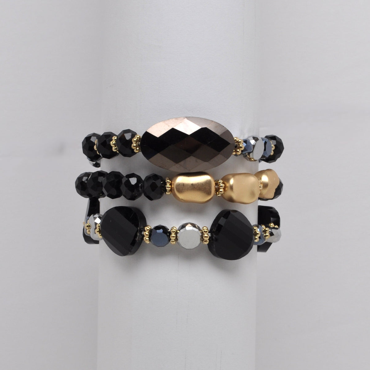 Faceted Geometric Bead Multi Layered Stretch Bracelet Stack