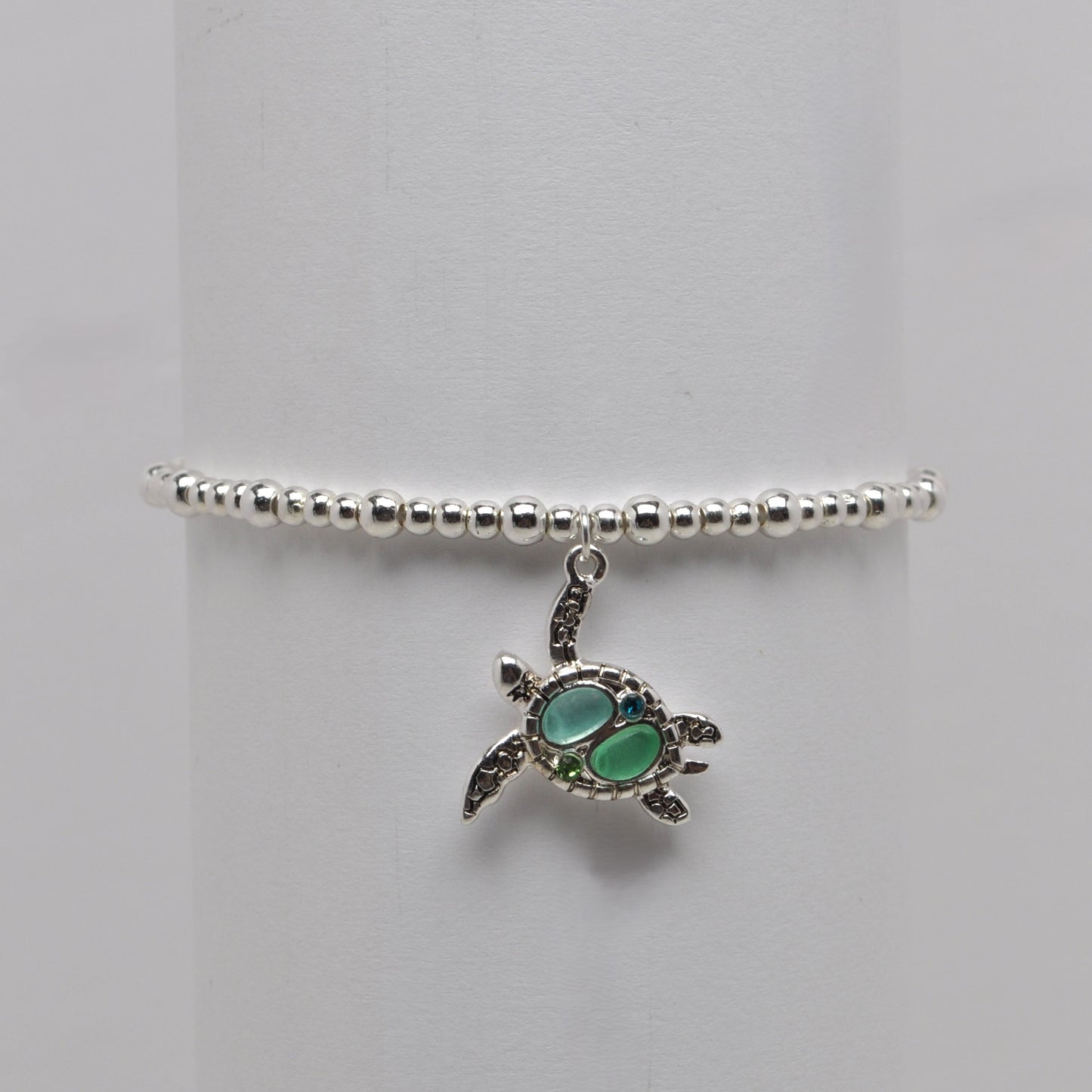 Stretch Nautical Sea Glass Turtle Pendant Bracelet