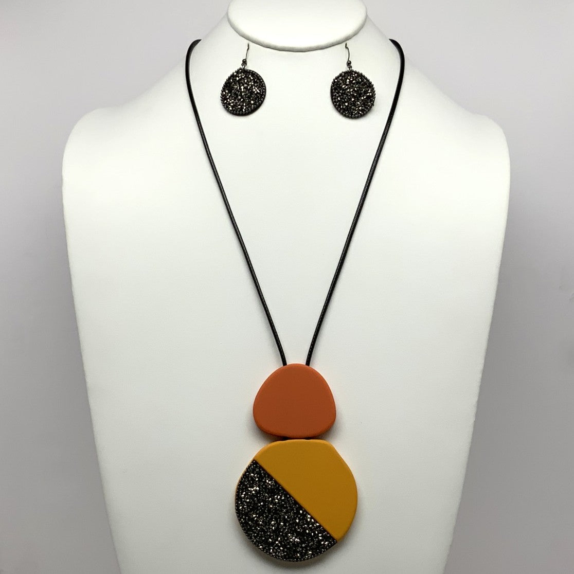 Long Vinyl Cord Necklace Set with Druizy Bling and Rubber Coated Circle Pendant