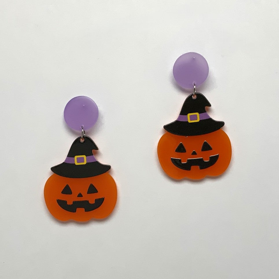 Lucite Jack O Lantern Witch Earrings