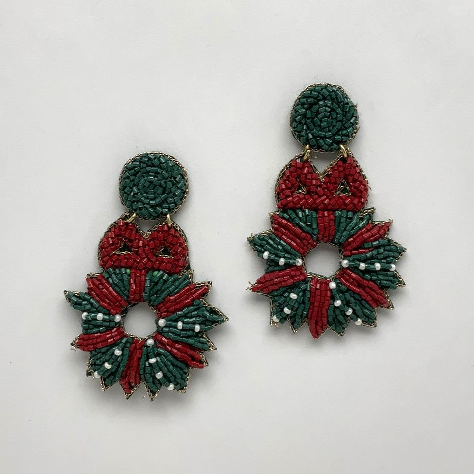 Beaded Christmas Wreath Earrings