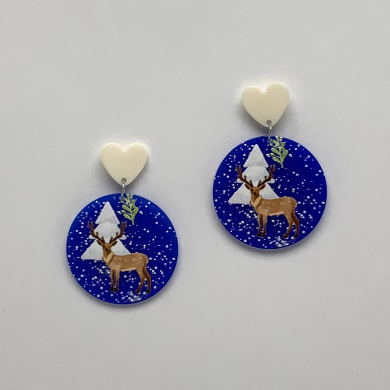 Lucite Reindeer Snow Circle Earrings