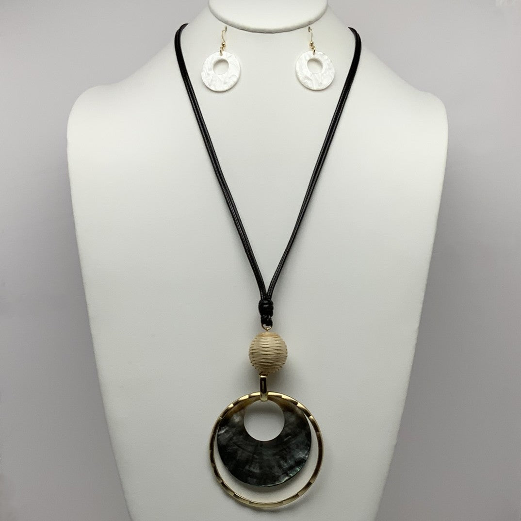 Long Double Vinyl Cords with Straw Ball and Abalone Shell Pendant Necklace Set