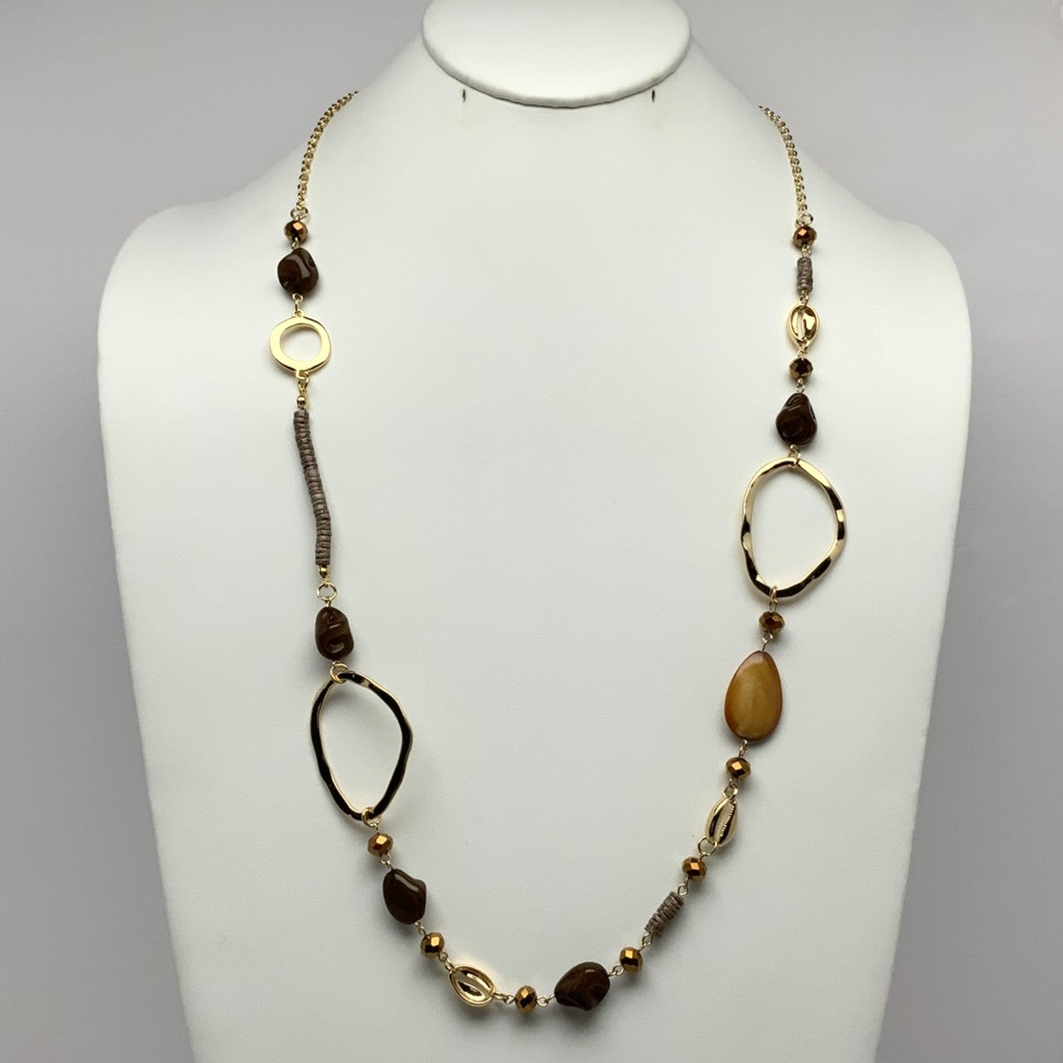Long Flat Bead Stone Crystal Necklace