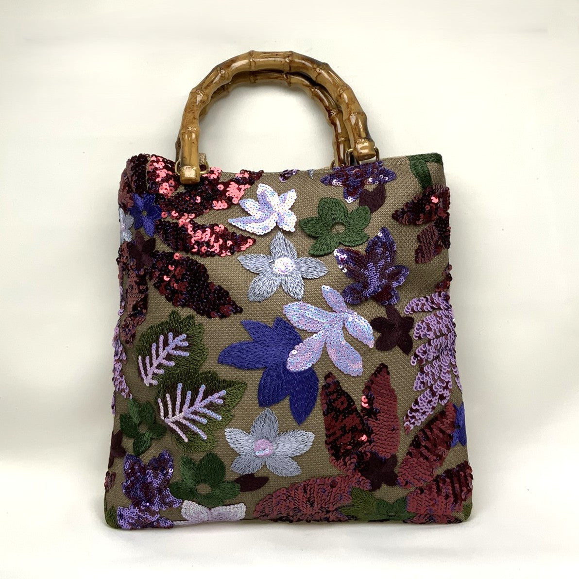 Flower Pattern Sequins with Lucite Bamboo Handle Tote Handbag