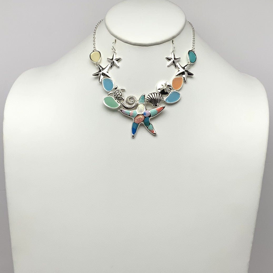 Short Chain with Glassy/Lucite Nuggets and Metal Sea Life Bib Style Necklace Set