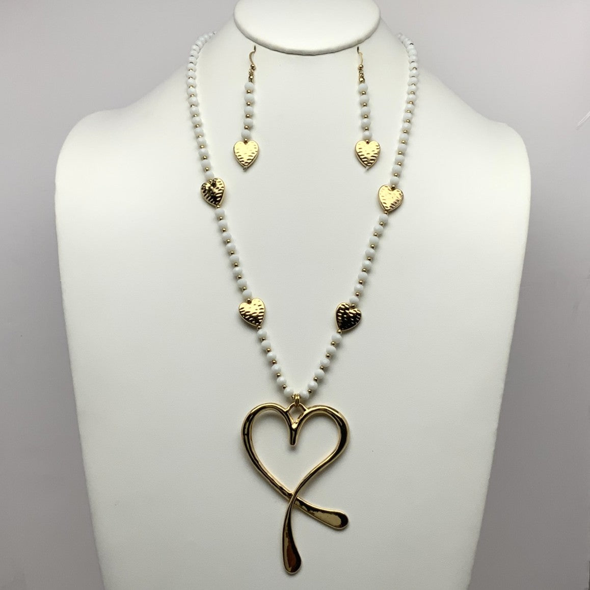 Long Crystal Bead Heart Drop Necklace Set