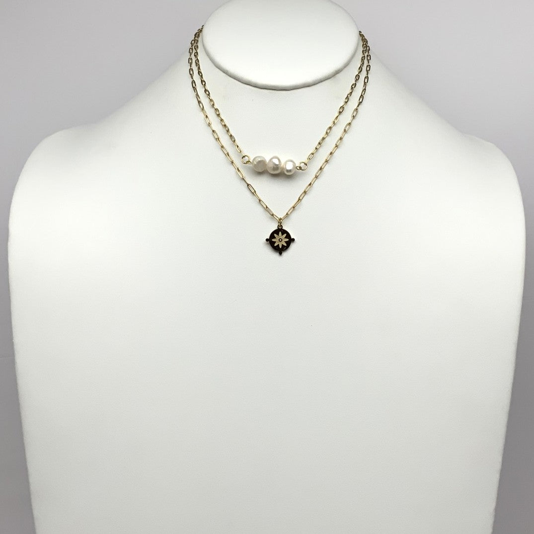 Layered Pearl Compass Pendant Necklace