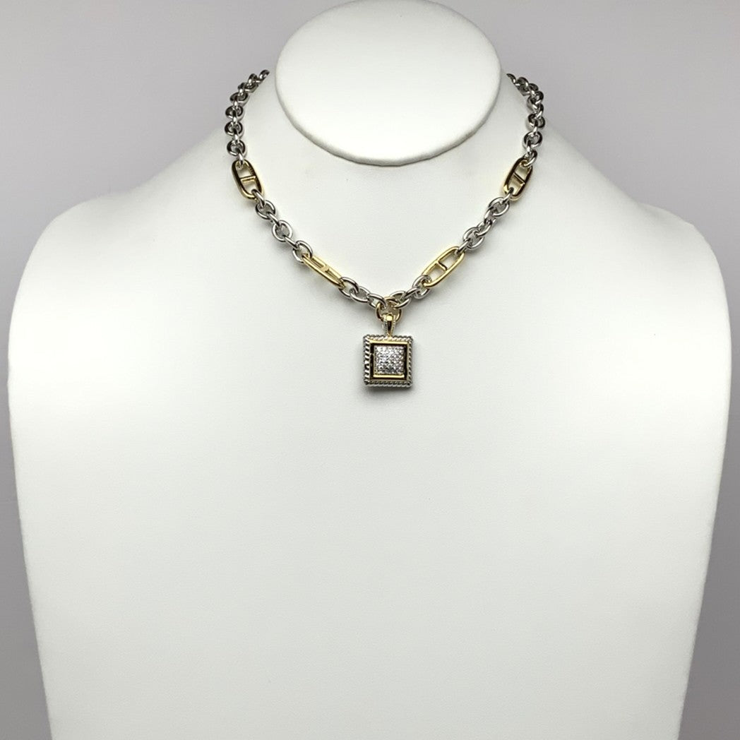 Long Chain Mix Square CZ Pendant Necklace