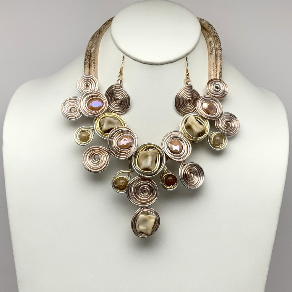 Cord Wire Spiral Crystal Stone Necklace Set