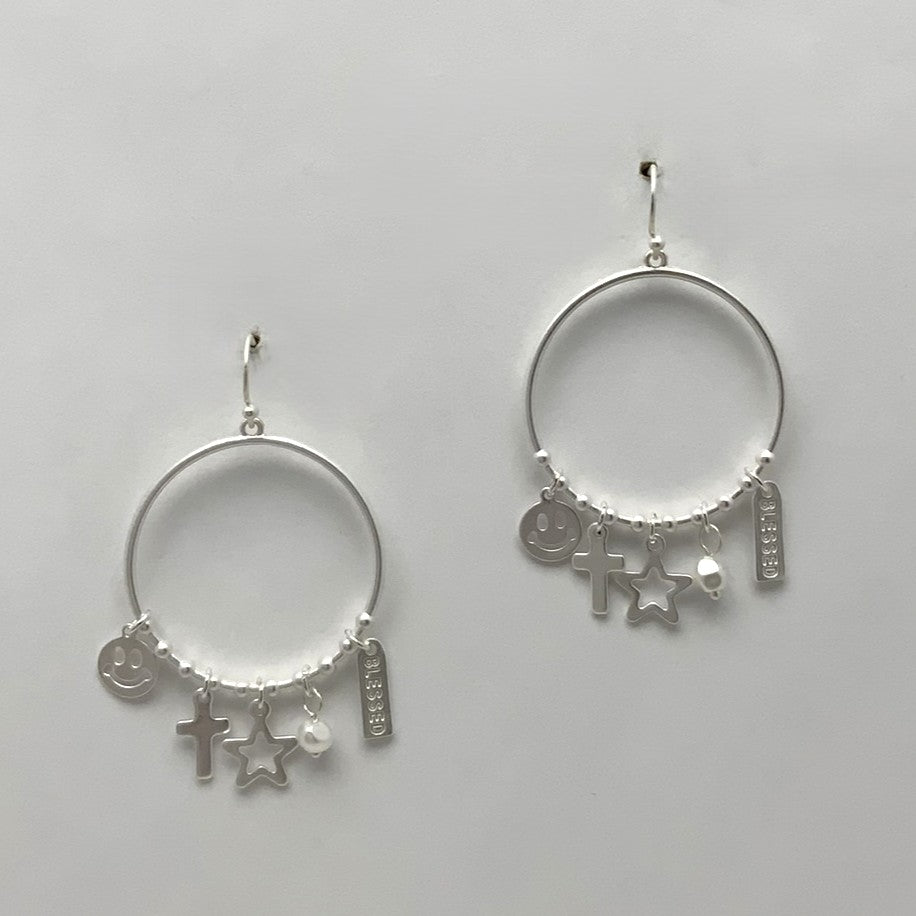 "Blessed" Charm Circle Earrings