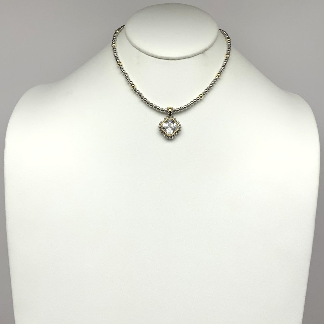 Cubic Zirconia Clover Pendant Beaded Necklace