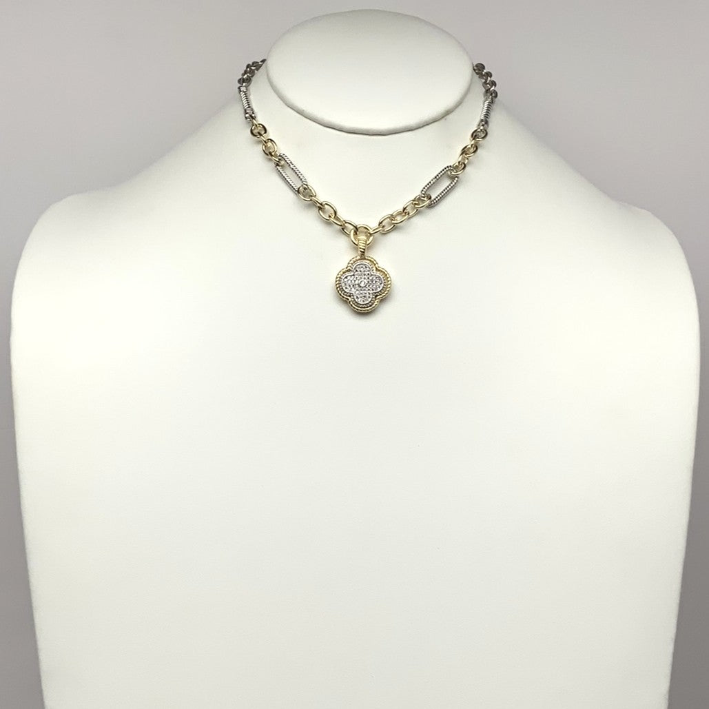 Chain Mix Clover Cubic Zirconia Pendant Necklace
