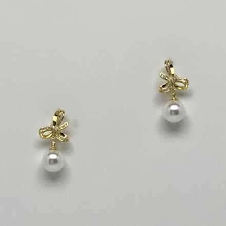 Side Crsytal Bow Pearl Drop Earrings