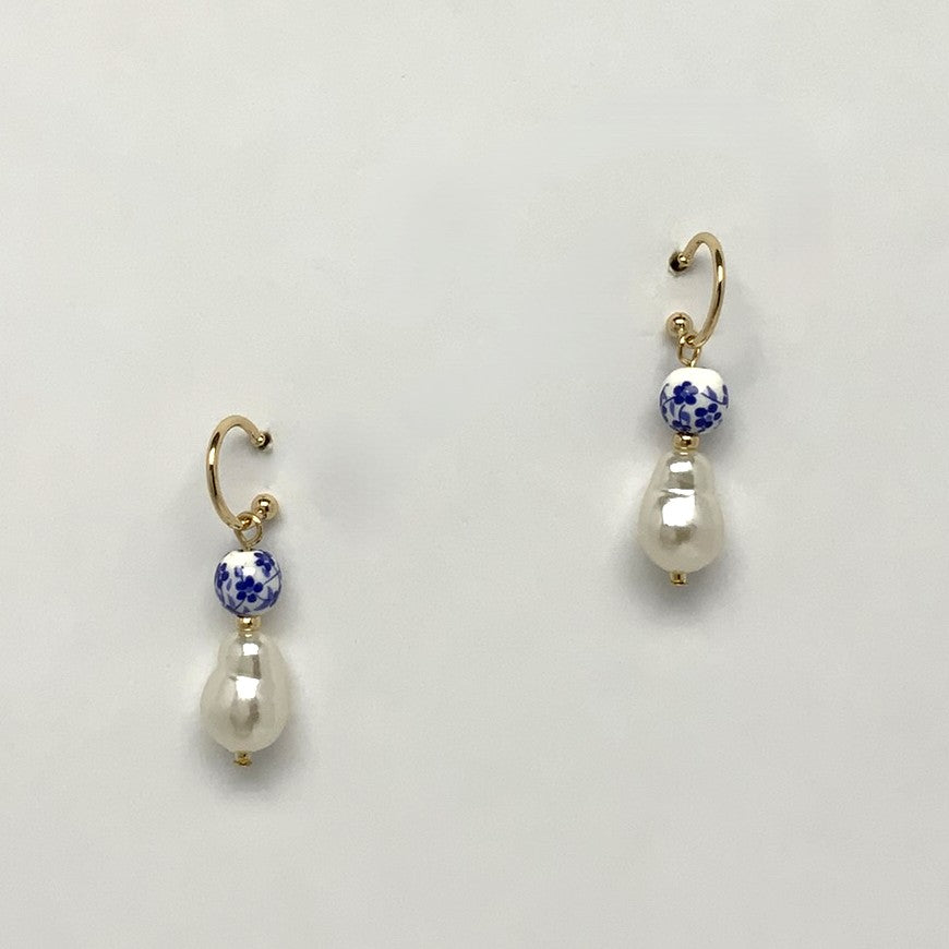 Flower Print Pearl Drop Earrings