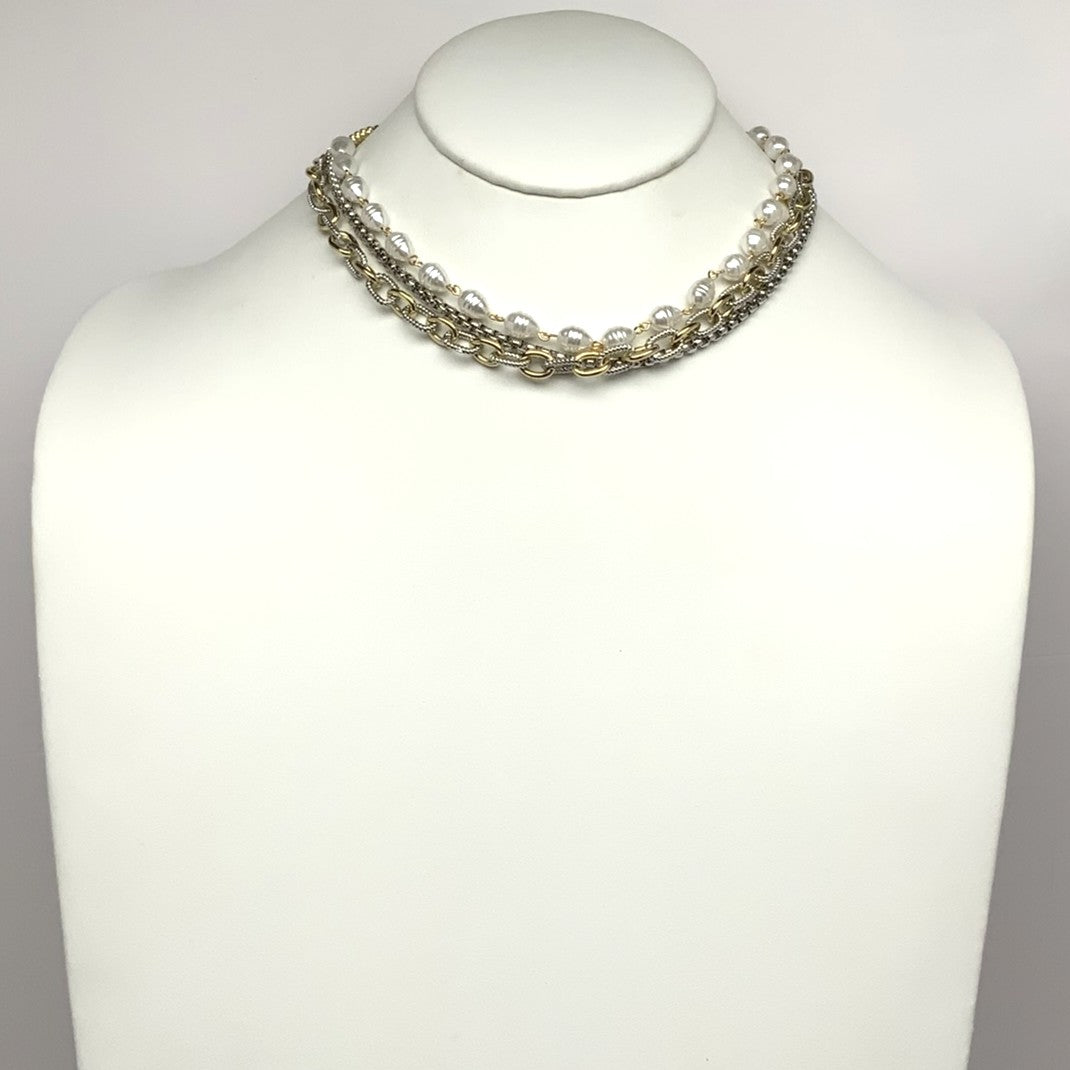 Multi-Row Chain Pearl Necklace