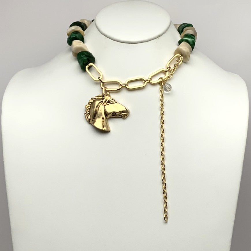 Horse Head Pendant w/Chunky Linked Beads Necklace