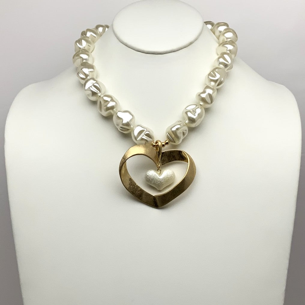 Chunky Heart Necklace w/Pearl Heart