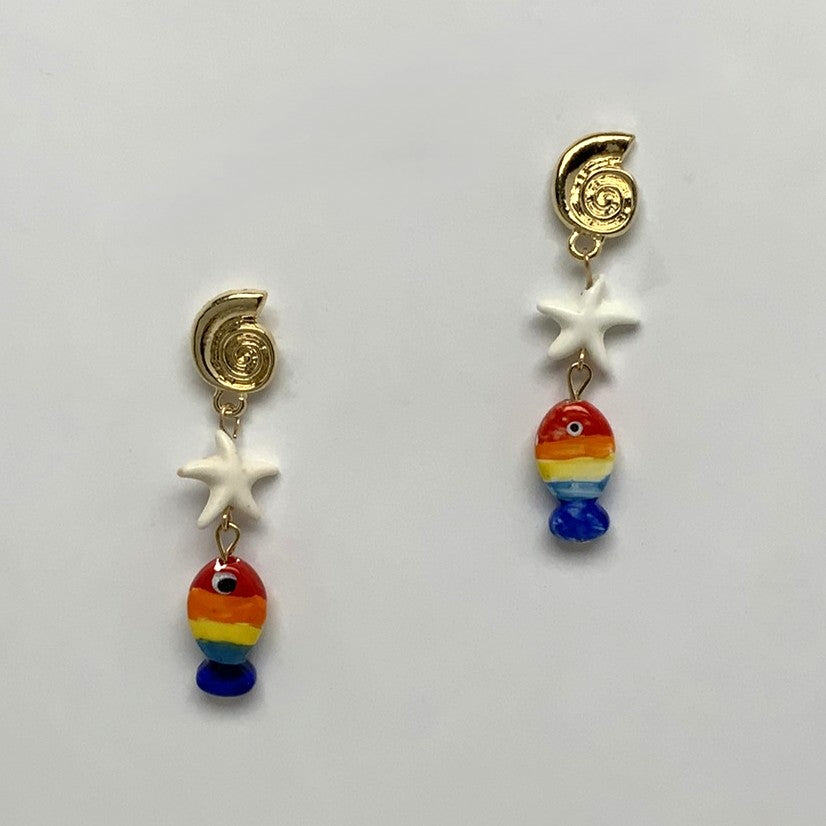 Seashell Rainbow Fish Drop Earrings