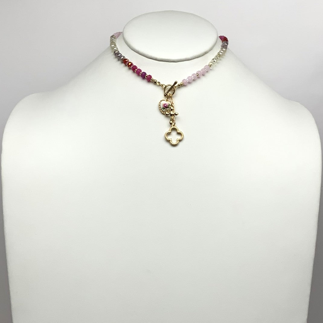 Crystal Beaded Heart Cross Charm Necklace