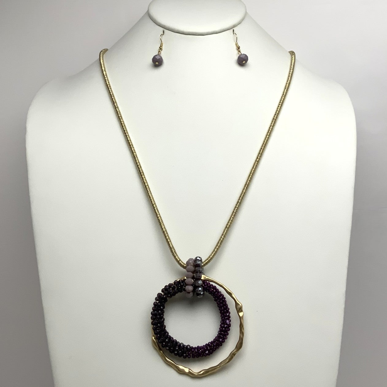 Circle Crystal Beaded Ring Drop Necklace Set